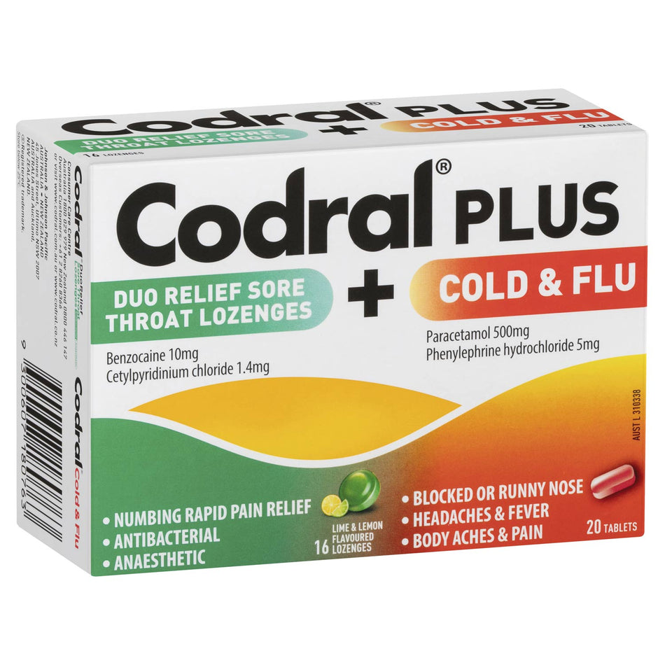 Codral Plus Duo Relief Sore Throat 16 Lozenges + Cold & Flu 20 Tablets