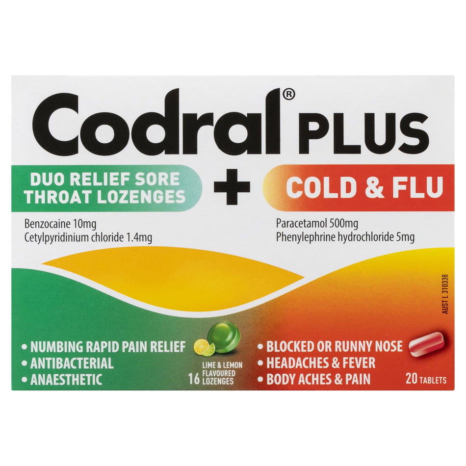 Codral Plus Duo Relief Sore Throat 16 Lozenges + Cold & Flu 20 Tablets