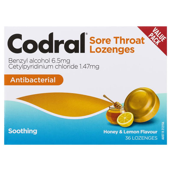 Codral Sore Throat Lozenges Antibacterial Honey & Lemon 36 Lozenges