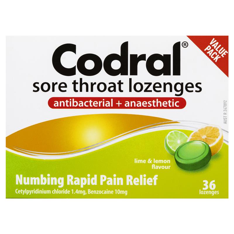Codral Sore Throat Lozenges Antibacterial + Anaesthetic Lime & Lemon 36 Pack