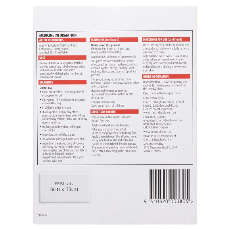 Dencorub Self Adhesive Pain Relieving Heat Patches - 6 Patches