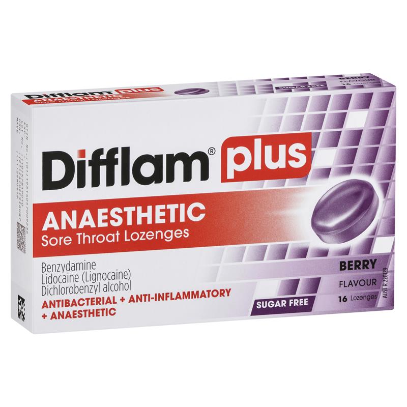 Difflam Plus Anaesthetic Sore Throat Berry Flavour 16 Lozenges