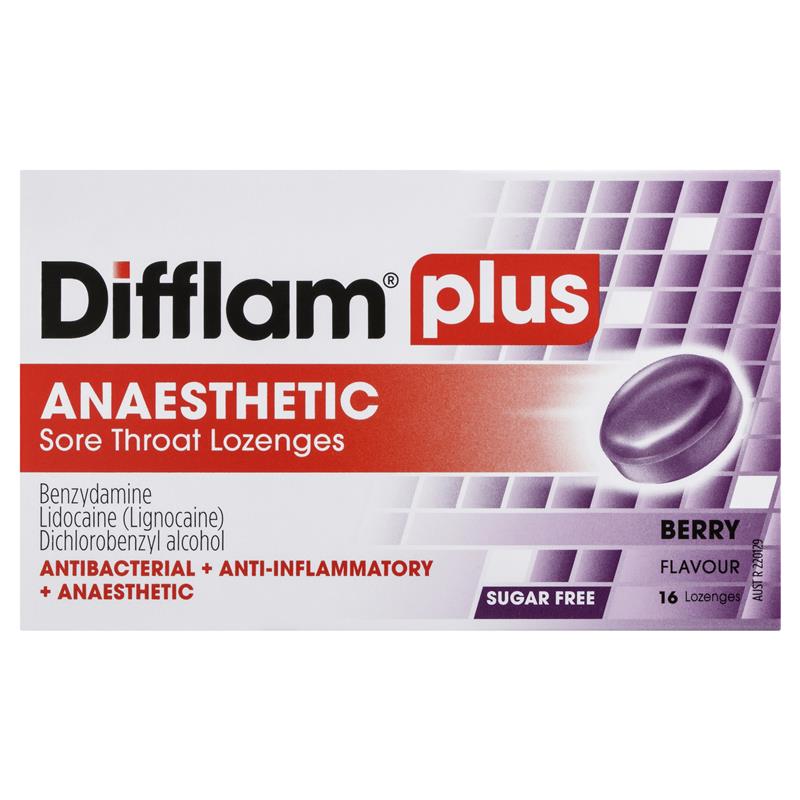 Difflam Plus Anaesthetic Sore Throat Berry Flavour 16 Lozenges