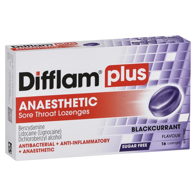 Difflam Plus Anaesthetic Sore Throat Lozenges Blackcurrant Flavour 16 Packs
