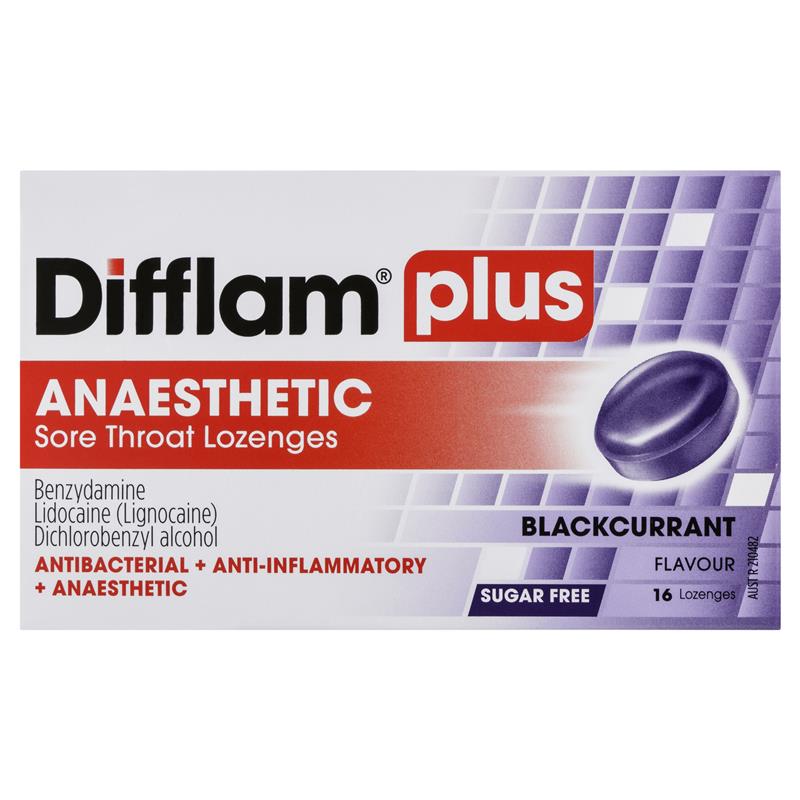 Difflam Plus Anaesthetic Sore Throat Lozenges Blackcurrant Flavour 16 Packs