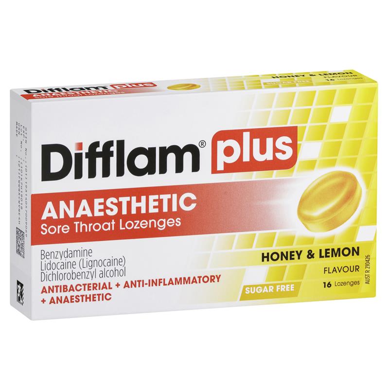 Difflam Plus Anaesthetic Sore Throat Lozenges Honey & Lemon Flavour 16 Packs