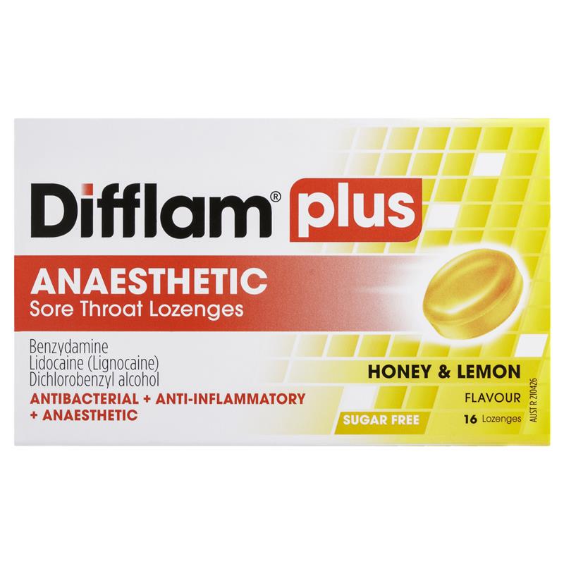 Difflam Plus Anaesthetic Sore Throat Lozenges Honey & Lemon Flavour 16 Packs