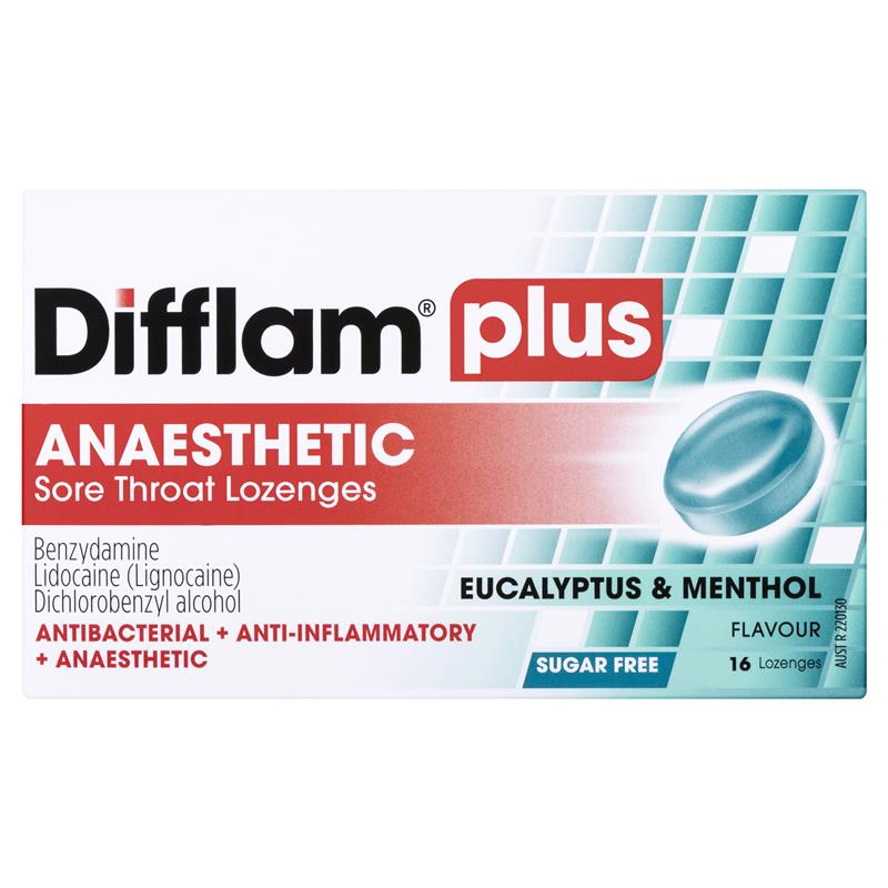 Difflam Plus Anaesthetic Sore Throat Lozenges Eucalyptus & Menthol 16 Lozenges