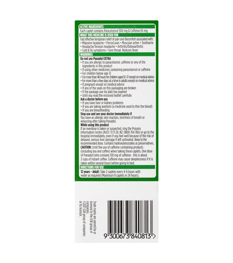 Panadol Extra With Optizorb Paracetamol Pain Relief 40 Caplets
