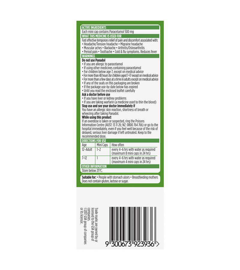 Panadol Mini Caps Paracetamol 500mg For Pain Relief 20 Caplets