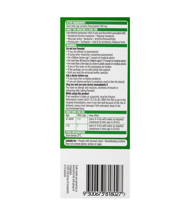 Panadol Mini Caps Paracetamol 500mg For Pain Relief 48 Caplets