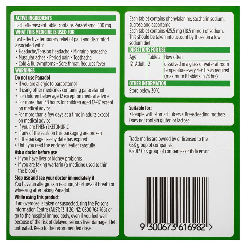 Panadol Rapid Soluble Effervescent Paracetamol 500mg 20 Tablets