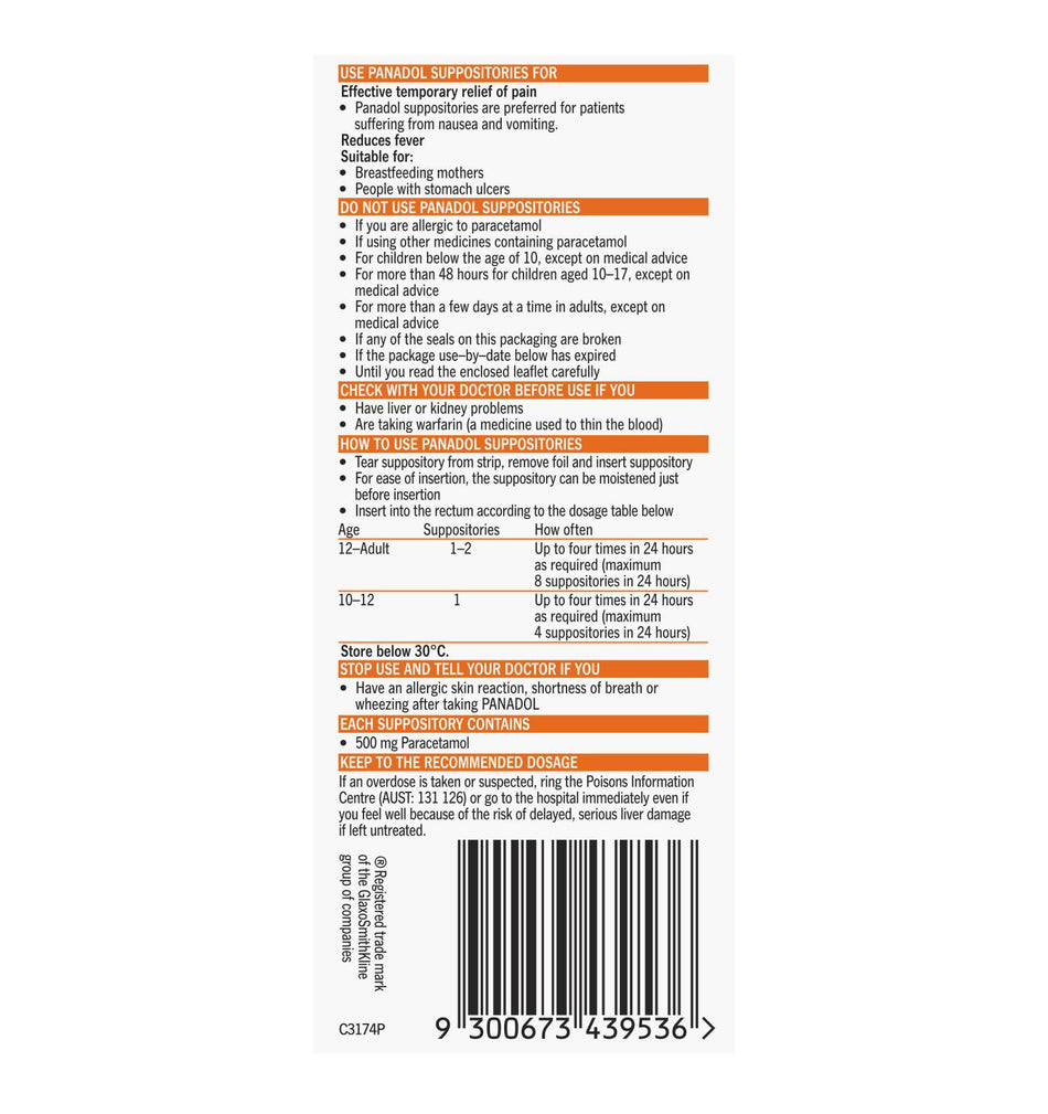 Panadol Suppositories Adult 500mg 24 Pack