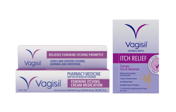 Vagisil Itching Cream + Vagisil Anti-Itch Medicated Intimate 12 Wrapped Wipes Pack