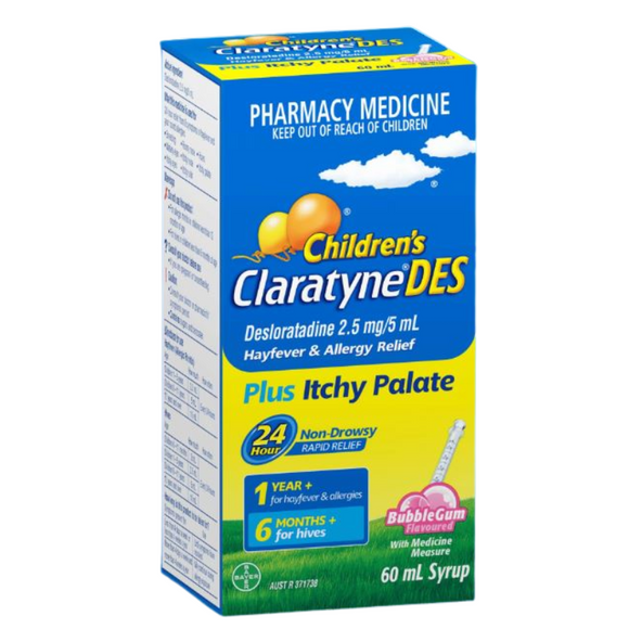 Children's ClaratyneDES Plus Itchy Palate Hayfever & Allergy Relief Bublegum Syrup for Kids 60 ml