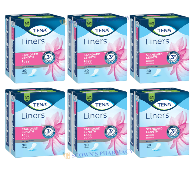 6 x Tena Comfortable Absorbent Standard Length Liner - 30 Liners - Bulk 180
