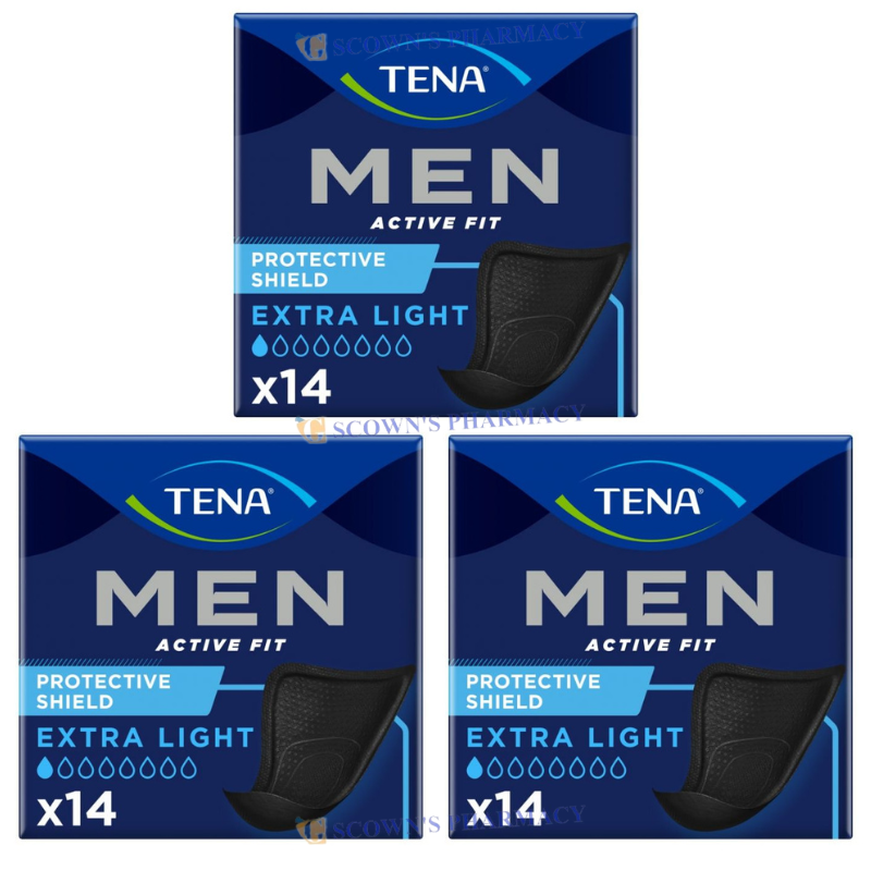 3 x TENA Men Active Fit Protective Shield Extra Light 14 Pack = 42 Pads