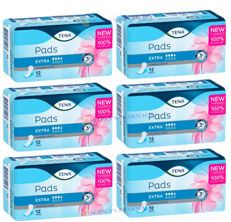 6 x TENA Pad Lady Extra Standard Length For Additional Security and Comfort 12 Pack = 72 Pads