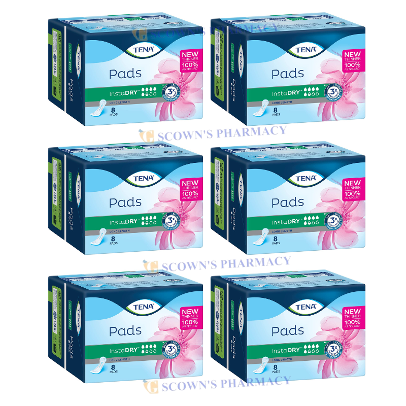 6 x TENA Pad Long Length Instadry Bodyshape Fit 8 Pack = 48 Pads