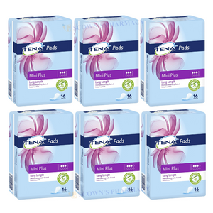 6x TENA Pad Mini Plus Long Length 16 Pack = 96 Pads