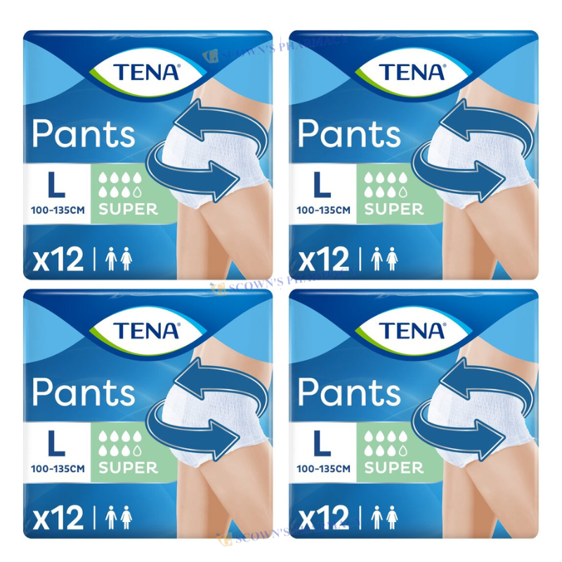 4 x TENA Super Absorbent Incontinence Pants Size Large 100 - 135 cm 12 Pack = 48 Pants