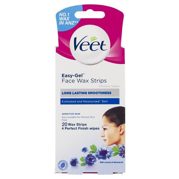 Veet Easy-Gel Face Wax Strips 20 Strips with 4 Perfect Finish Wipes