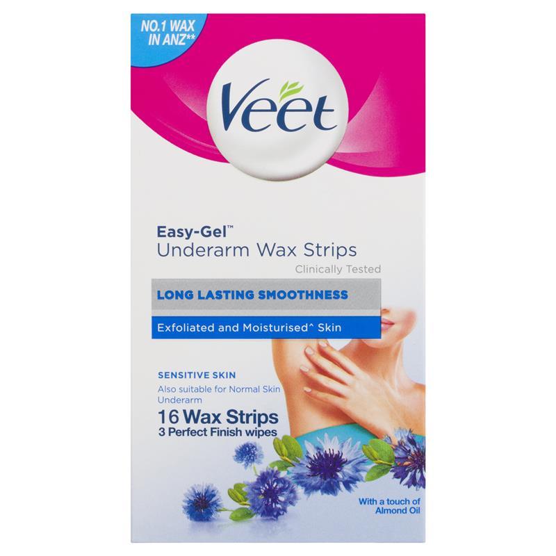 Veet Easy-Gel Underarm Wax Strips for Sensitive Skin - 16 Stripes + 3 Wipes