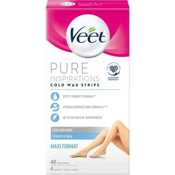 Veet Pure Hair Removal Cold Wax Strips Legs and Body Sensitive Skin 40 Strips