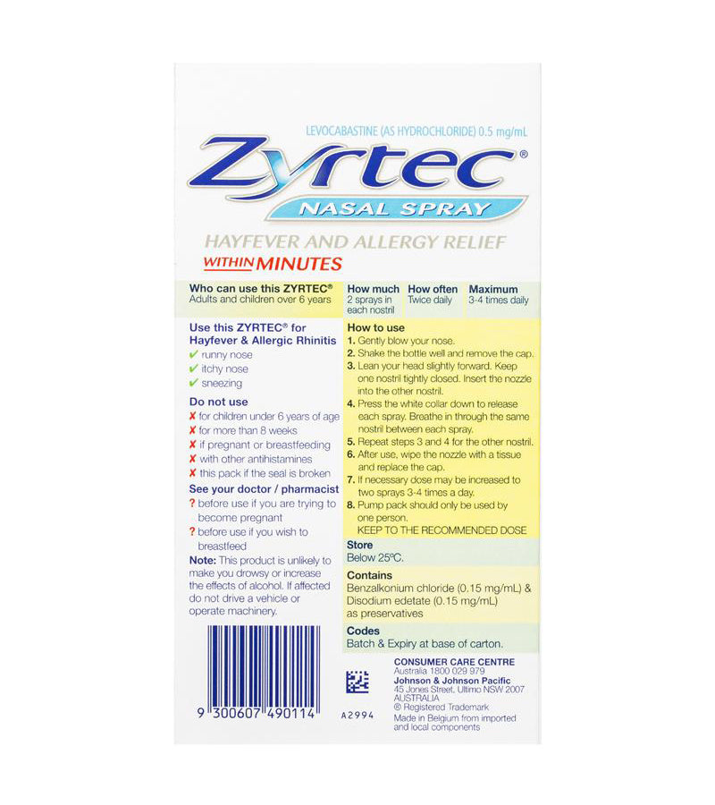Zyrtec Levocabastine Nasal Spray Allergy & Hayfever Relief 10ml Scown