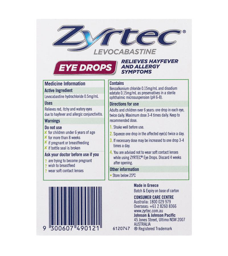 Zyrtec Levocabastine Eye Drops For Hayfever & Allergy Relief 4ml ...